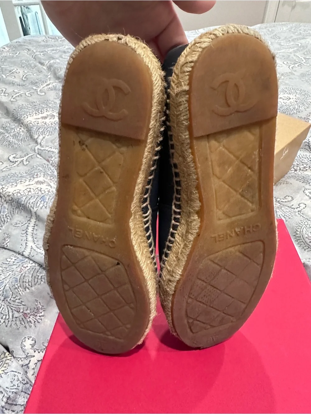 CHANEL Navy Leather Espadrille Slip-Ons with Double C Logo